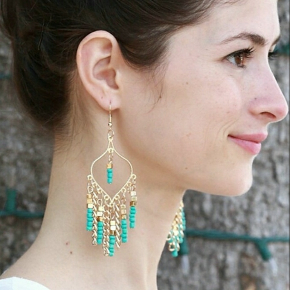 Gold Turquoise Blue Stone Dangle Hoop Earrings